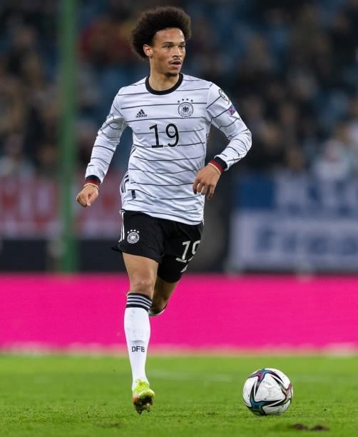 Leroy Sane of Germany runs with the ball during the 2022 FIFA World Cup Qualifier match between Germany and Romania at Imtech Arena on October 08,...