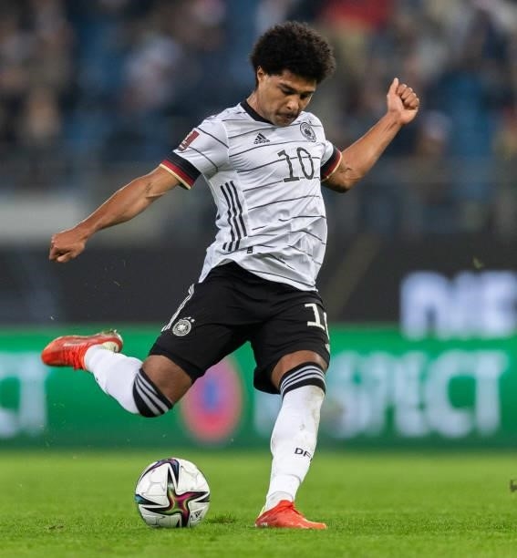Leroy Sane of Germany takes a shot during the 2022 FIFA World Cup Qualifier match between Germany and Romania at Imtech Arena on October 08, 2021 in...