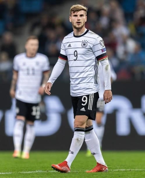 Timo Werner of Germany looks on during the 2022 FIFA World Cup Qualifier match between Germany and Romania at Imtech Arena on October 08, 2021 in...