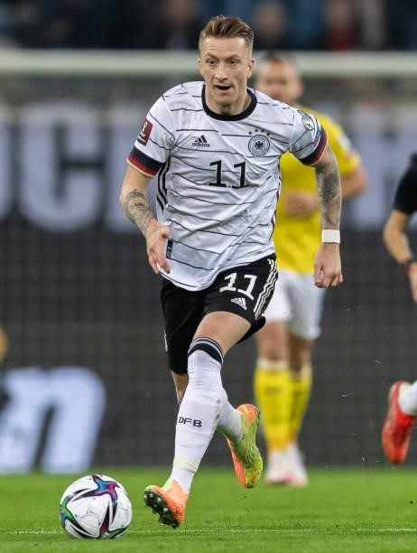 Marco Reus of Germany runs with the ball during the 2022 FIFA World Cup Qualifier match between Germany and Romania at Imtech Arena on October 08,...