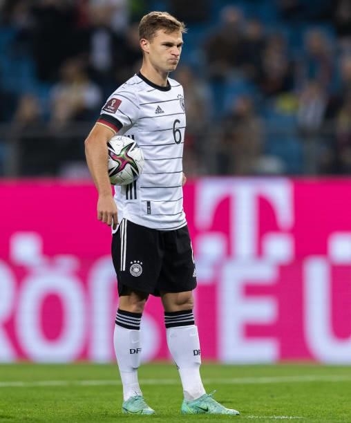 Joshua Kimmich of Germany looks on during the 2022 FIFA World Cup Qualifier match between Germany and Romania at Imtech Arena on October 08, 2021 in...