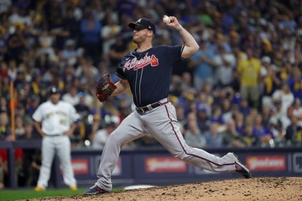 Will Smith of the Atlanta Braves pitches in the ninth during game 2 of the National League Division Series against the Milwaukee Brewers at American...
