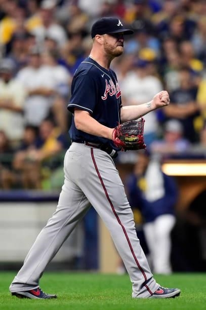 Will Smith of the Atlanta Braves reacts after a win over the Milwaukee Brewers during game 2 of the National League Division Series at American...