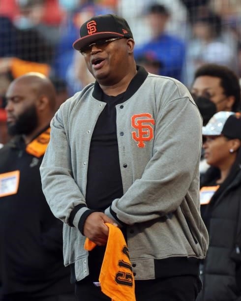 Rapper E-40 looks on before Game 2 of the National League Division Series between the Los Angeles Dodgers and San Francisco Giants at Oracle Park on...