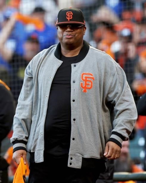 Rapper E-40 looks on before Game 2 of the National League Division Series between the Los Angeles Dodgers and San Francisco Giants at Oracle Park on...