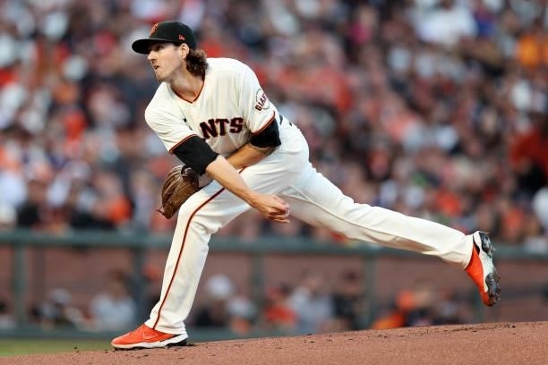 Kevin Gausman of the San Francisco Giants pitches in the first inning against the Los Angeles Dodgers during Game 2 of the National League Division...
