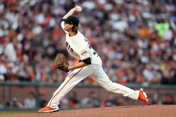 Kevin Gausman of the San Francisco Giants pitches in the first inning against the Los Angeles Dodgers during Game 2 of the National League Division...