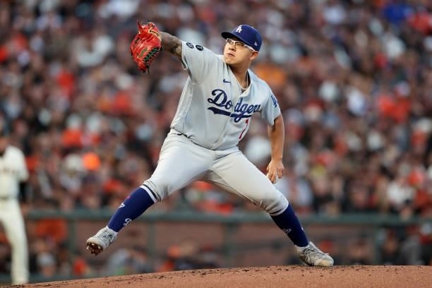 Julio Urias of the Los Angeles Dodgers pitches in the first inning against the San Francisco Giants during Game 2 of the National League Division...