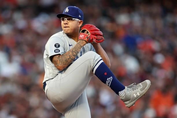 Julio Urias of the Los Angeles Dodgers pitches in the first inning against the San Francisco Giants during Game 2 of the National League Division...