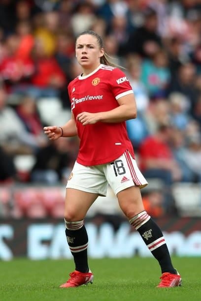 Kirsty Hanson of Manchester United during the Barclays FA Women's Super League match between Manchester United Women and Manchester City Women at...