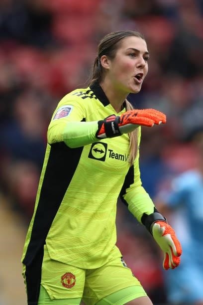 Mary Earps of Manchester United reacts during the Barclays FA Women's Super League match between Manchester United Women and Manchester City Women at...