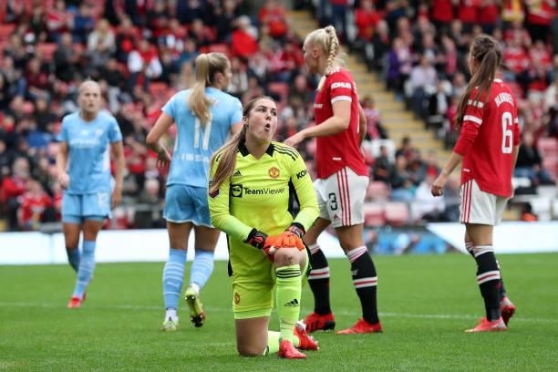 Mary Earps of Manchester United reacts during the Barclays FA Women's Super League match between Manchester United Women and Manchester City Women at...