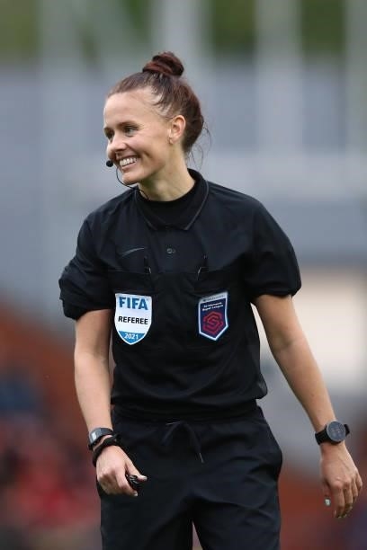 Referee Rebecca Welch during the Barclays FA Women's Super League match between Manchester United Women and Manchester City Women at Leigh Sports...