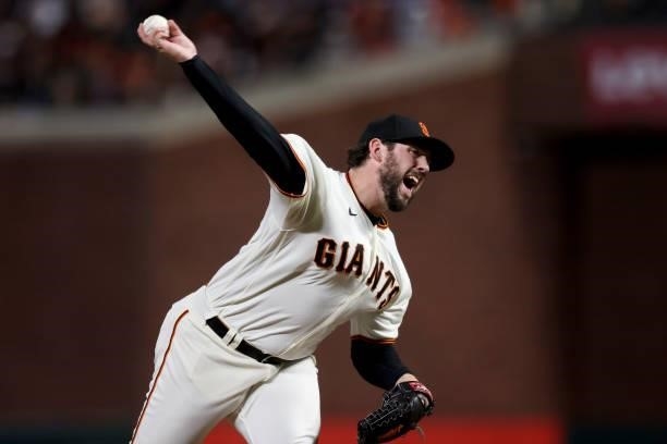 Dominic Leone of the San Francisco Giants pitches in the sixth inning against the Los Angeles Dodgers during Game 2 of the National League Division...