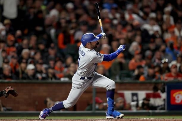Pollock of the Los Angeles Dodgers hits an RBI double in the sixth inning against the San Francisco Giants during Game 2 of the National League...
