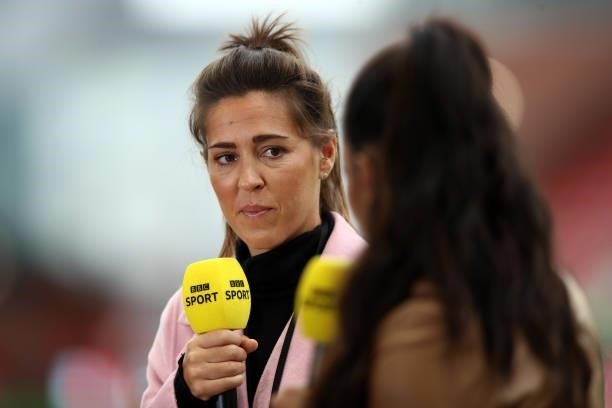 Fara Williams MBE speaks during the Barclays FA Women's Super League match between Manchester United Women and Manchester City Women at Leigh Sports...