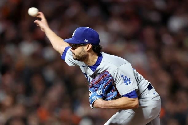 Joe Kelly of the Los Angeles Dodgers pitches in the sixth inning against the San Francisco Giants during Game 2 of the National League Division...