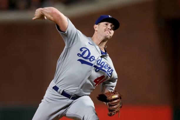 Corey Knebel of the Los Angeles Dodgers pitches in the seventh inning against the San Francisco Giants during Game 2 of the National League Division...