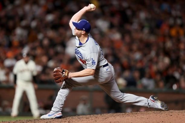 Corey Knebel of the Los Angeles Dodgers pitches in the seventh inning against the San Francisco Giants during Game 2 of the National League Division...