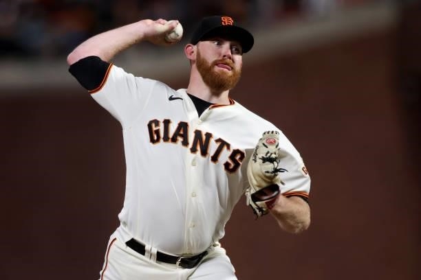 Zack Littell of the San Francisco Giants pitches in the eighth inning against the Los Angeles Dodgers during Game 2 of the National League Division...