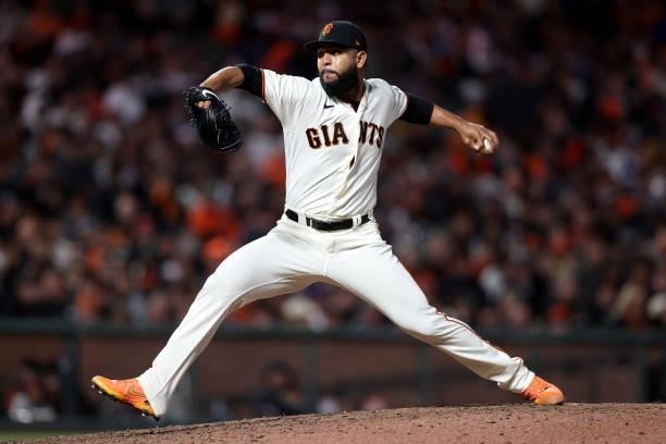 Jarlin Garcia of the San Francisco Giants pitches in the eighth inning against the Los Angeles Dodgers during Game 2 of the National League Division...