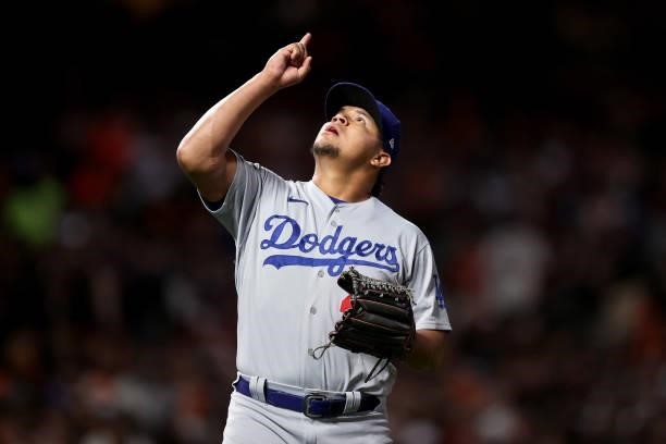 Brusdar Graterol of the Los Angeles Dodgers celebrates after the eighth inning against the San Francisco Giants during Game 2 of the National League...