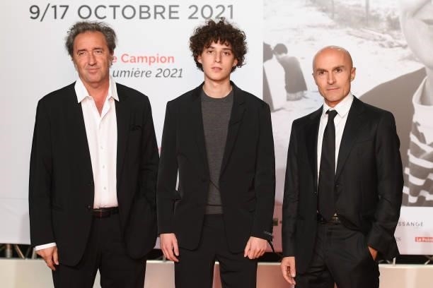 Paolo Sorrentino, Filippo Scotti and Lorenzo Mieli attend the opening ceremony during the 13th Film Festival Lumiere In Lyon on October 09, 2021 in...