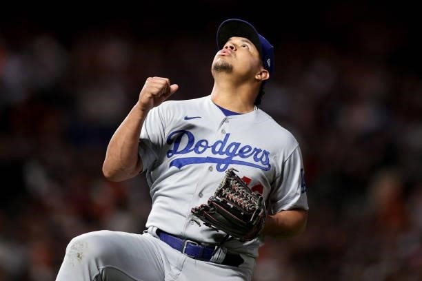 Brusdar Graterol of the Los Angeles Dodgers celebrates after the eighth inning against the San Francisco Giants during Game 2 of the National League...