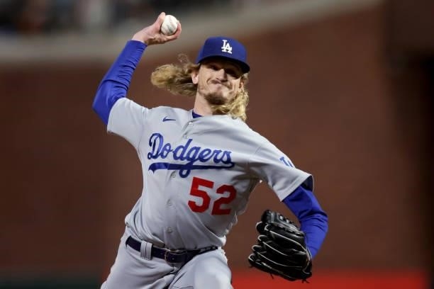 Phil Bickford of the Los Angeles Dodgers pitches in the ninth inning against the San Francisco Giants during Game 2 of the National League Division...