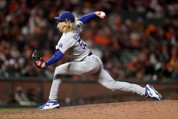 Phil Bickford of the Los Angeles Dodgers pitches in the ninth inning against the San Francisco Giants during Game 2 of the National League Division...