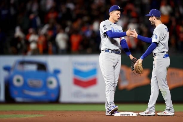 Corey Seager and Trea Turner of the Los Angeles Dodgers celebrate after beating the San Francisco Giants 9-2 in Game 2 of the National League...