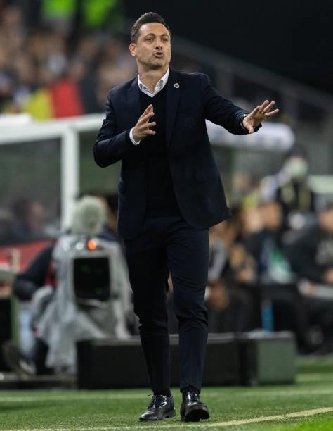 Head coach Mirel Radoi of Romania gestures during the 2022 FIFA World Cup Qualifier match between Germany and Romania at Imtech Arena on October 08,...