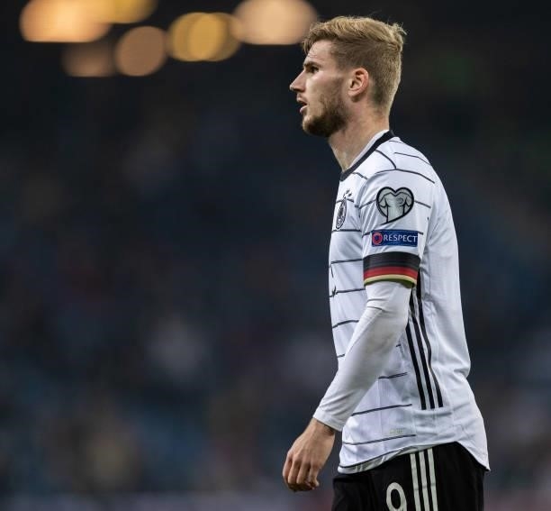 Timo Werner of Germany looks on during the 2022 FIFA World Cup Qualifier match between Germany and Romania at Imtech Arena on October 08, 2021 in...