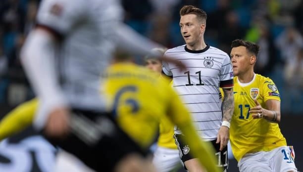Marco Reus of Germany in action during the 2022 FIFA World Cup Qualifier match between Germany and Romania at Imtech Arena on October 08, 2021 in...