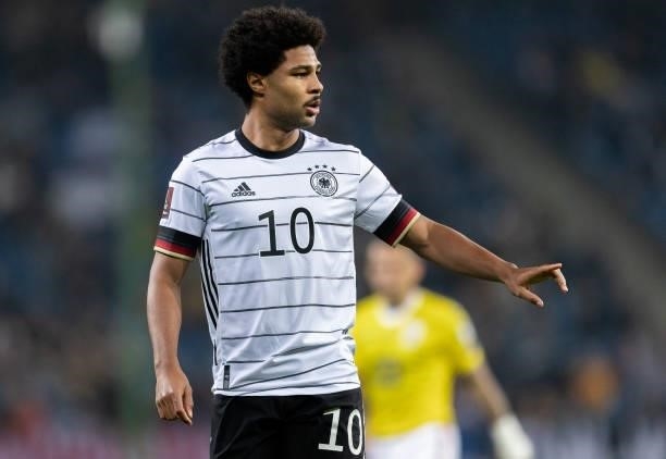 Serge Gnabry of Germany gestures during the 2022 FIFA World Cup Qualifier match between Germany and Romania at Imtech Arena on October 08, 2021 in...