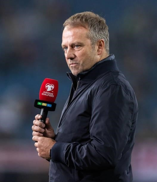 Head coach Hansi Flick of Germany gives an interview during the 2022 FIFA World Cup Qualifier match between Germany and Romania at Imtech Arena on...