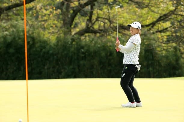 Mao Saigo of Japan reacts after missing the birdie putt on the 13th green during the final round of the Stanley Ladies at Tomei Country Club on...