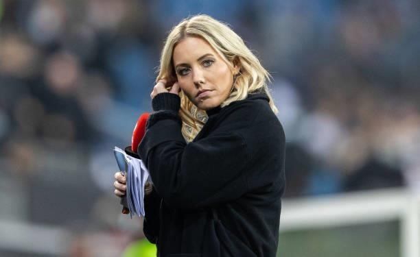 Presenter Laura Papendick looks on prior to the 2022 FIFA World Cup Qualifier match between Germany and Romania at Imtech Arena on October 08, 2021...
