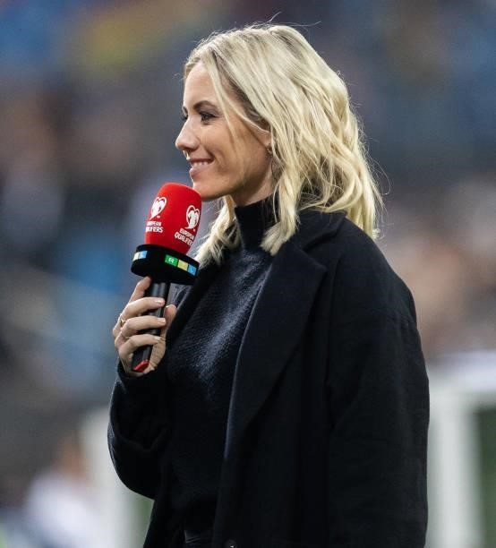 Presenter Laura Papendick looks on prior to the 2022 FIFA World Cup Qualifier match between Germany and Romania at Imtech Arena on October 08, 2021...