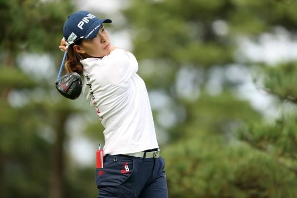 Hinako Shibuno of Japan hits her tee shot on the 14th hole during the final round of the Stanley Ladies at Tomei Country Club on October 10, 2021 in...