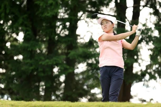 Amateur Miyu Sato of Japan hits her tee shot on the 15th hole during the final round of the Stanley Ladies at Tomei Country Club on October 10, 2021...