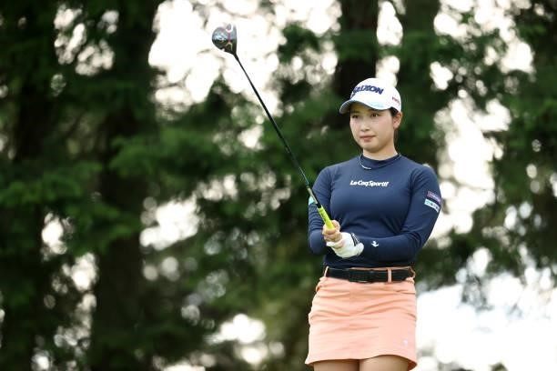 Sakura Koiwai of Japan is seen before her tee shot on the 15th hole during the final round of the Stanley Ladies at Tomei Country Club on October 10,...