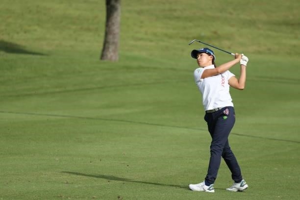 Hinako Shibuno of Japan hits her third shot on the 18th hole during the final round of the Stanley Ladies at Tomei Country Club on October 10, 2021...