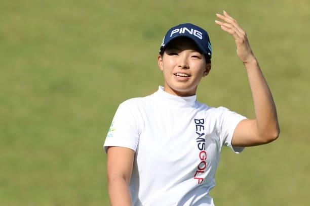 Hinako Shibuno of Japan reacts after holing out with the birdie on the 18th green during the final round of the Stanley Ladies at Tomei Country Club...