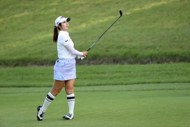 Seonwoo Bae of South Korea hits her second shot on the playoff first hole on the 18th hole during the final round of the Stanley Ladies at Tomei...