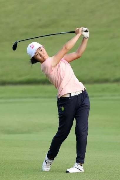 Amateur Miyu Sato of Japan hits her second shot on the playoff first hole on the 18th hole during the final round of the Stanley Ladies at Tomei...