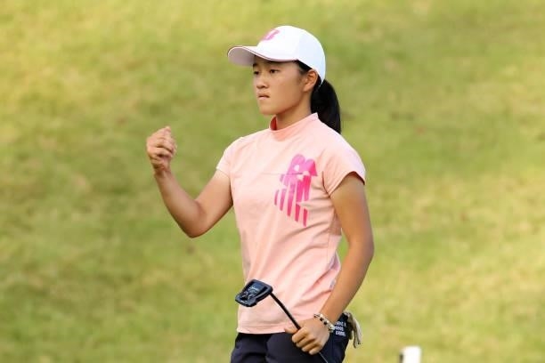 Amateur Miyu Sato of Japan celebrates the birdie on the playoff first hole on the 18th green during the final round of the Stanley Ladies at Tomei...