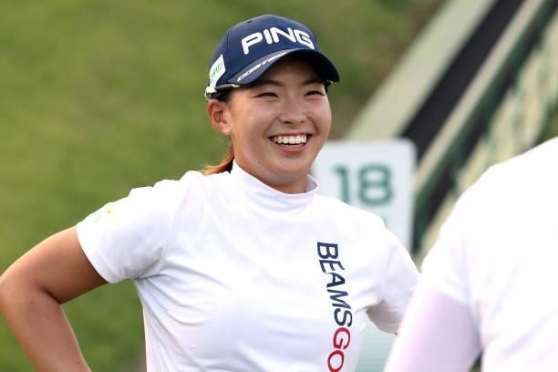 Hinako Shibuno of Japan smiles during the playoff first hole on the 18th green during the final round of the Stanley Ladies at Tomei Country Club on...