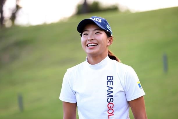 Hinako Shibuno of Japan smiles during the playoff first hole on the 18th green during the final round of the Stanley Ladies at Tomei Country Club on...