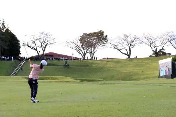 Amateur Miyu Sato of Japan hits her third shot on the playoff first hole on the 18th hole during the final round of the Stanley Ladies at Tomei...